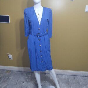 VTG 80s Peri Petites 3/4 Sleeve Belted Button Front A Line Midi Dress Sz 10P